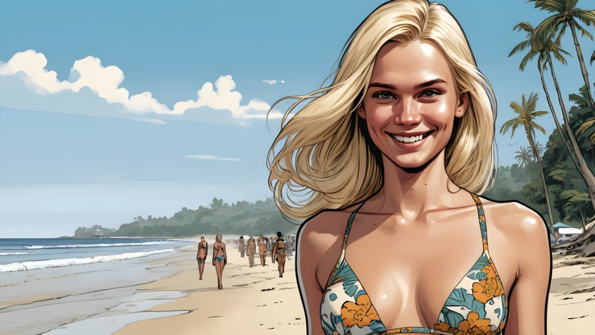 Beachside Vacations in Sri Lanka: the Best One Could Ask for: A young smiling tall Russian woman with blonde hair walking on beach in Sri Lanka. She has a confident demeanor, with shoulder-length straight hair and wearing a a bikini with Clairvoyant Print.