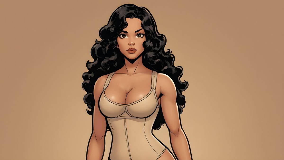 Common Shapewear Choices for Different Body Types: A girl with long curly black hair wearing a beige body shaper standing against a brown background