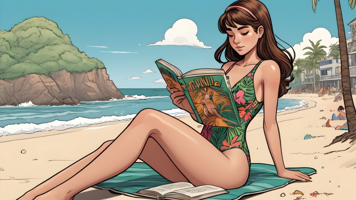 Basking in the Glow: The Teen Guide to Sunbathing Health Benefits: Teen with brown hair wearing a tropical print swimsuit reading a book on a sunny beach